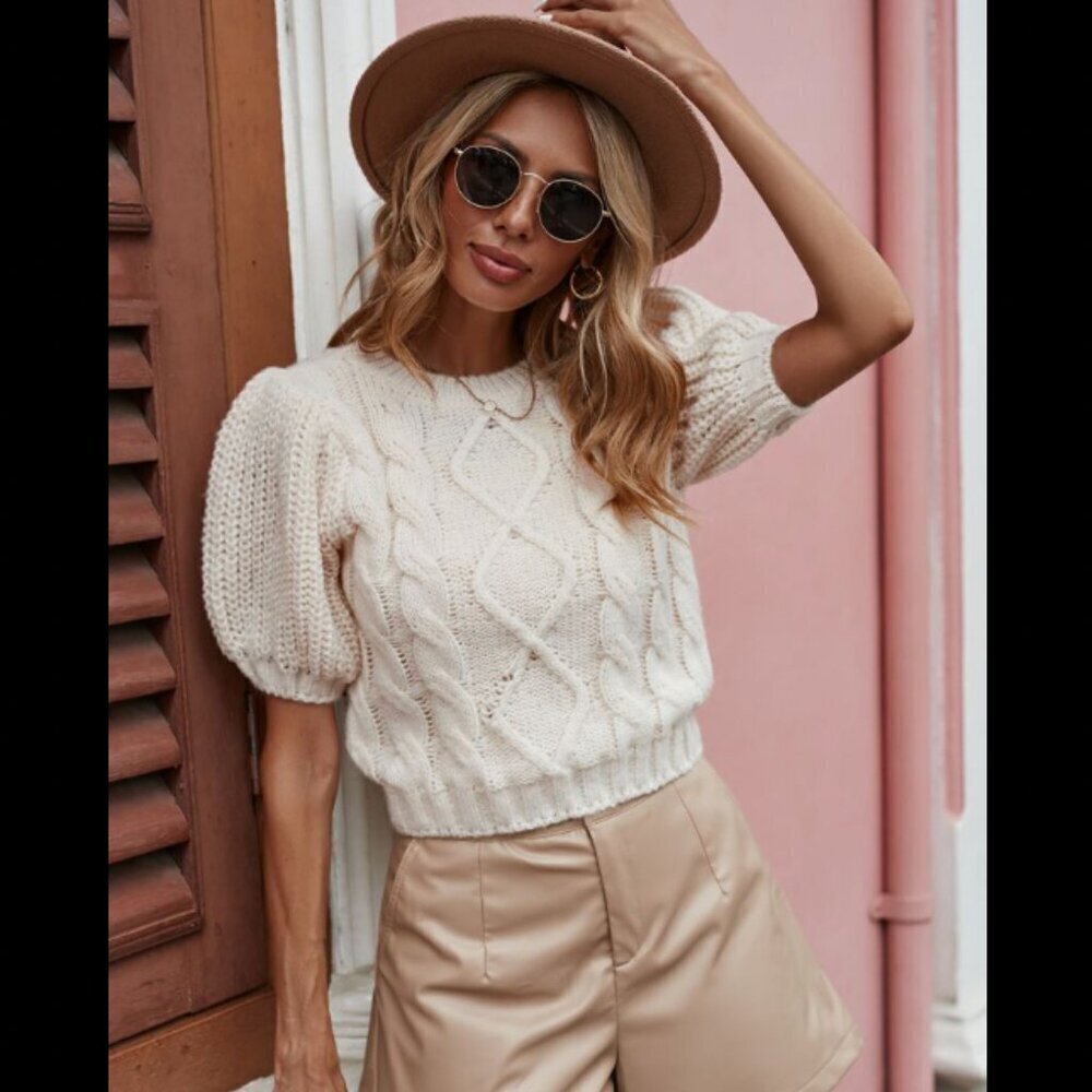 Shein Prive Puff Sleeve Cable Knit Top